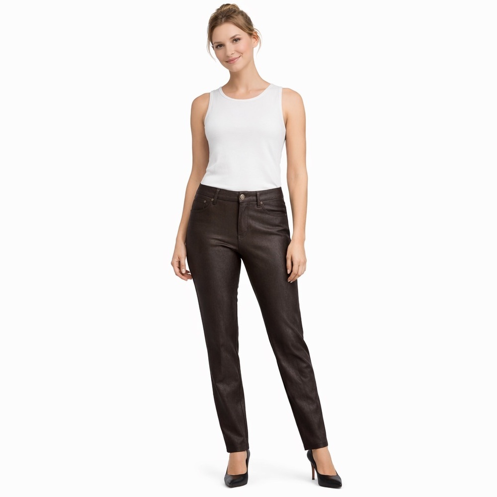 NYDJ Faux Leather Crackle Straight Leg Pants Dark Brown Size 14